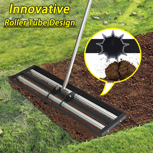 36"x10"Lawn Leveling Rake with Aluminum Rollers, Stainless Steel Yard Lawn Leveler Tool with Adjustable Long Handle, Yard Leveling Rake Suit, Levelawn Tool for Soil, Grass, Golf Course, Garden, Farm