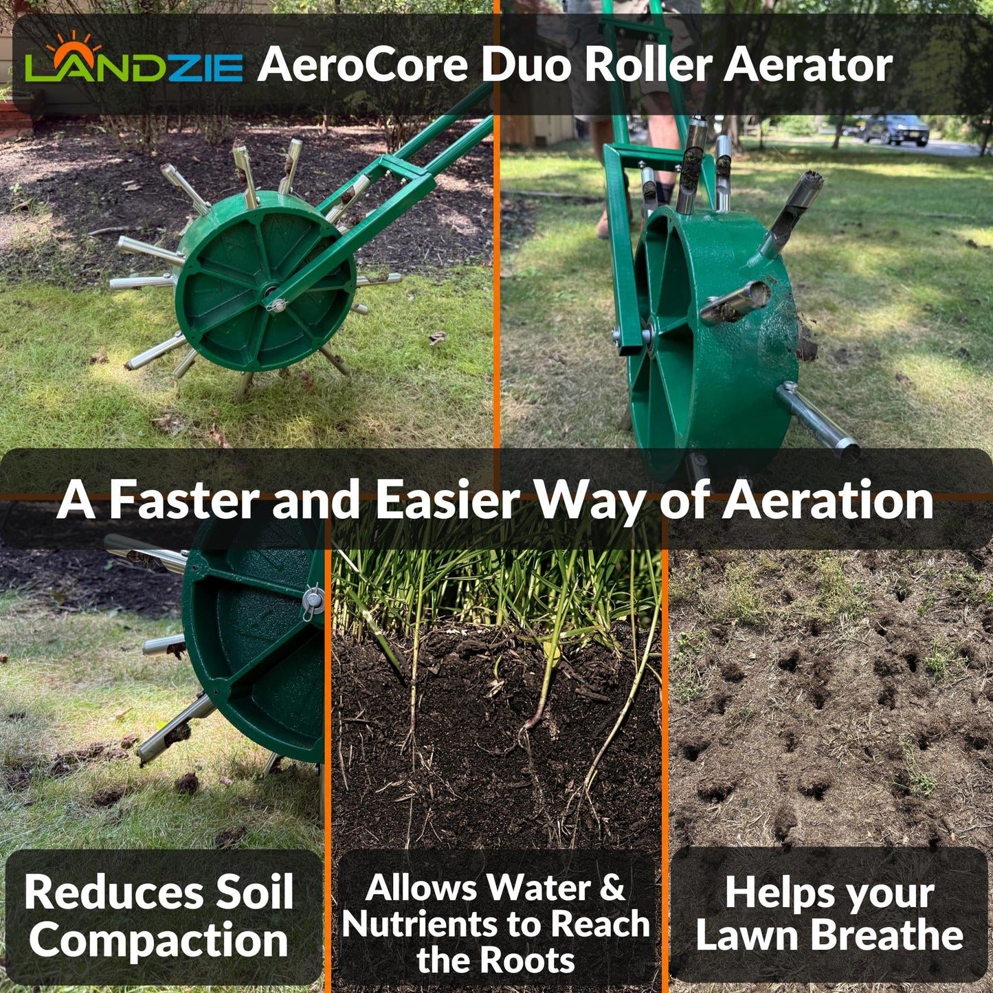 AeroCore Duo Rolling Lawn Aerator – Manual Core Plug Aerator with Chamfered Hollow Tines – Heavy-Duty 38.8 Pound Wheel Aerator Lawn Tool – Push Yard Aerator Aeration Tool