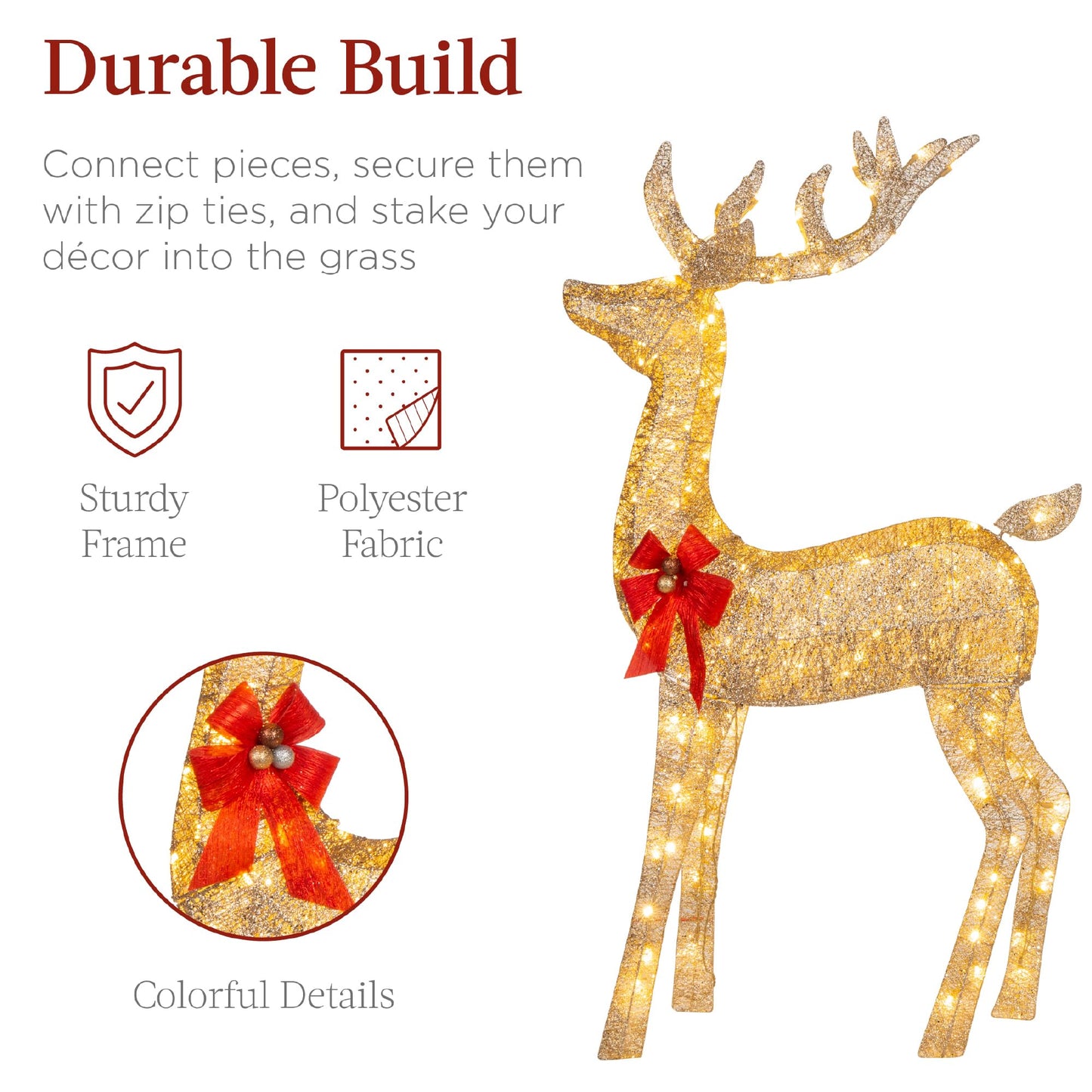 6.5ft 3-Piece Large Lighted Christmas Deer Family Set, Outdoor Yard Decoration with 385 LED Lights, Stakes, Zip Ties - Gold