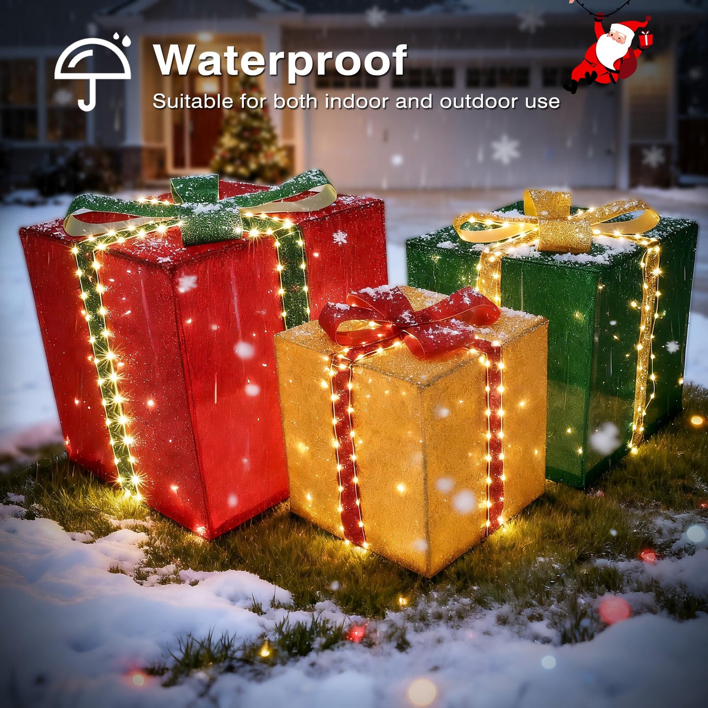 Christmas Decorations Outdoor - Set of 3 Larger Lighted Gift Boxes with Timer, Foldable Pre-Lit Gift Boxes for Xmas Tree, Yard, Holiday, Indoor Outdoor Christmas Decorations