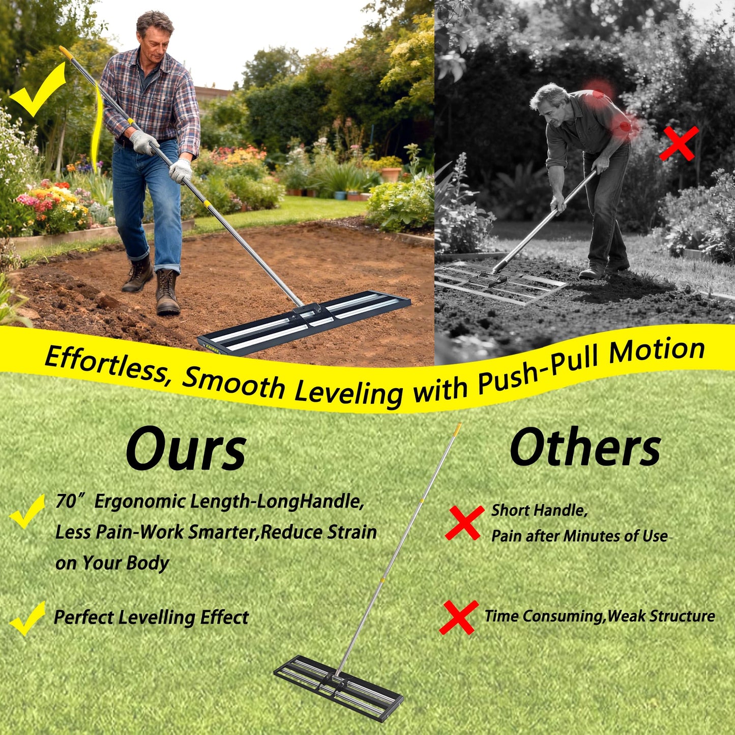 36"x10"Lawn Leveling Rake with Aluminum Rollers, Stainless Steel Yard Lawn Leveler Tool with Adjustable Long Handle, Yard Leveling Rake Suit, Levelawn Tool for Soil, Grass, Golf Course, Garden, Farm